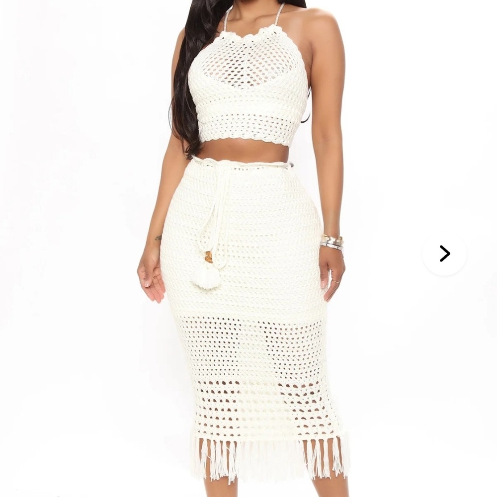 Fashion Nova White Crochet Skirt Set